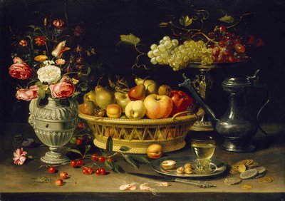 Ainda vida de frutas e flores, 1608 - 1621 (óleo em cobre) de Charlotte Evans